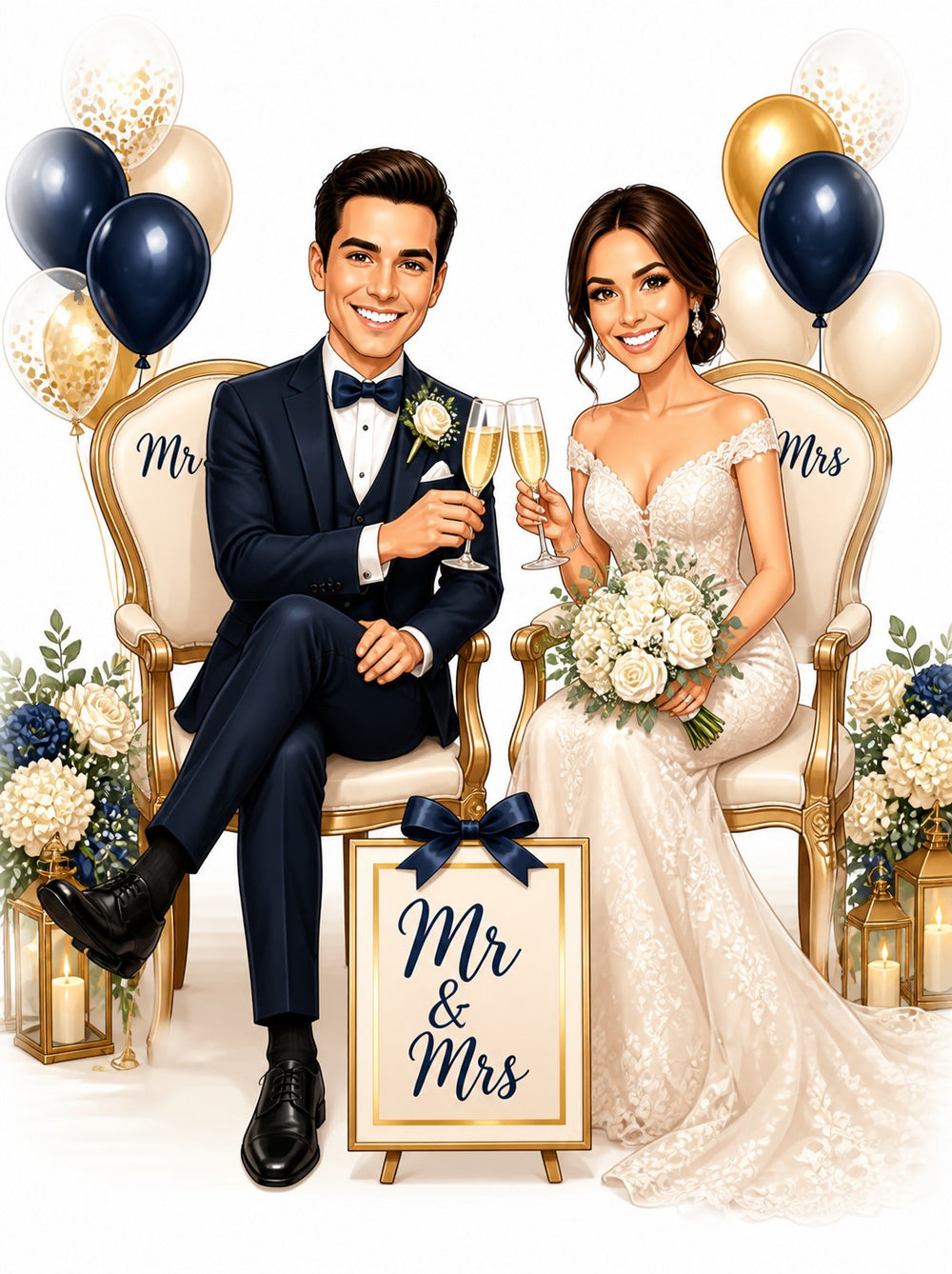 Bride and groom toasting on gold chairs with Mr & Mrs sign and balloons.