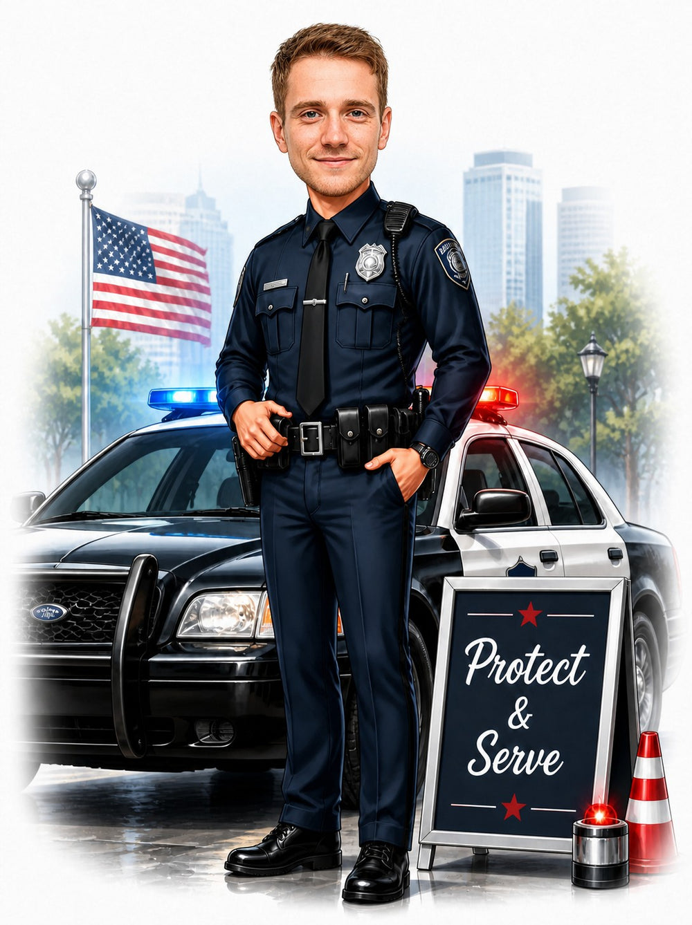 Male police officer caricature with patrol car, badge, Protect & Serve sign.