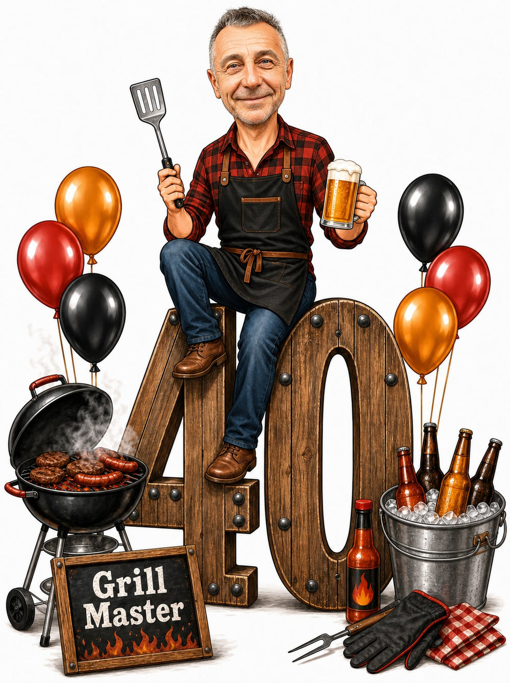 Man on giant wooden age 40, spatula and beer, smoking BBQ grill.