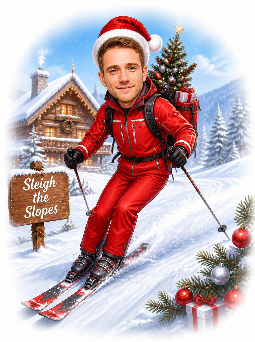 Man skiing in red suit with Santa hat, chalet, Sleigh the Slopes sign.