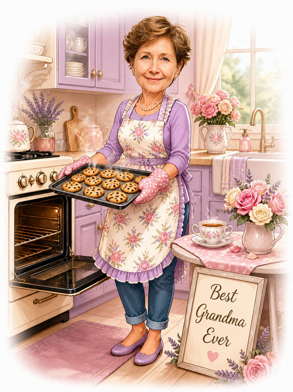 Grandma baking cookies in lavender kitchen with floral apron and Best Grandma Ever sign.