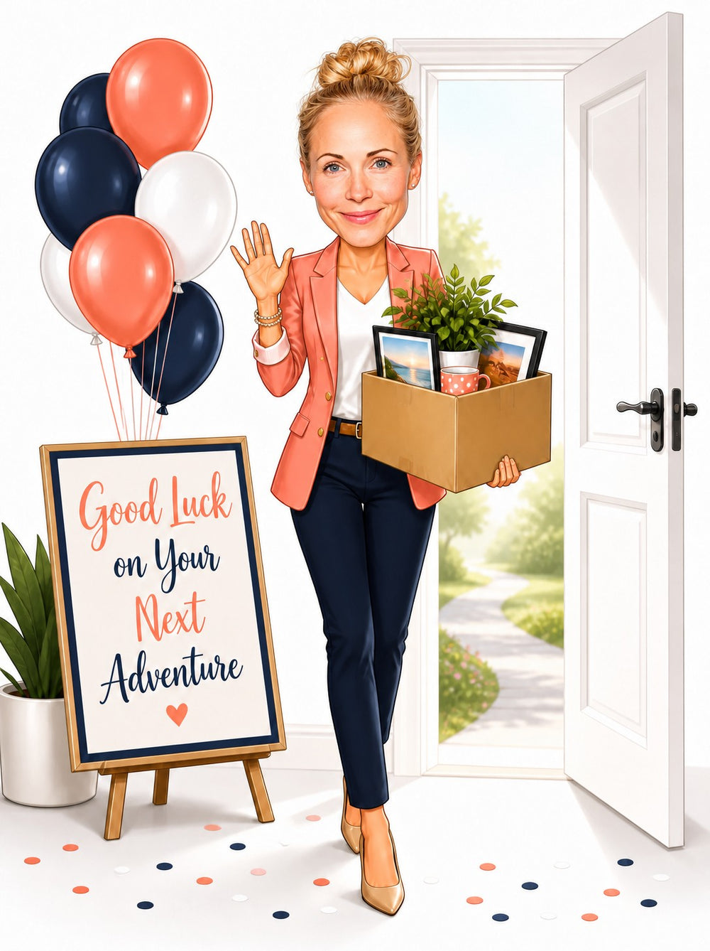 Woman waving by open door with balloons and Good Luck sign, holding box with plant.