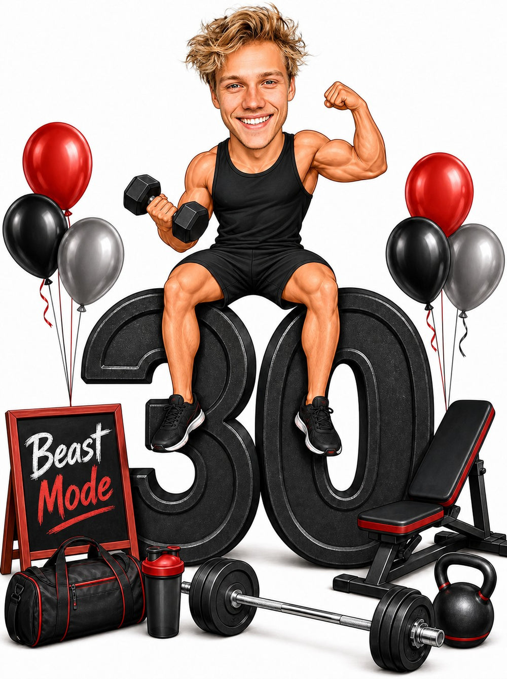 Fitness cartoon man on giant 30 with dumbbell, Beast Mode sign, bench, barbell.