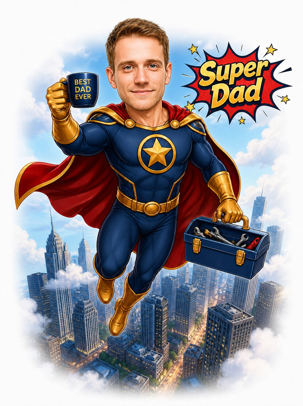 Superhero dad caricature flying over city, holding Best Dad Ever mug and toolbox.