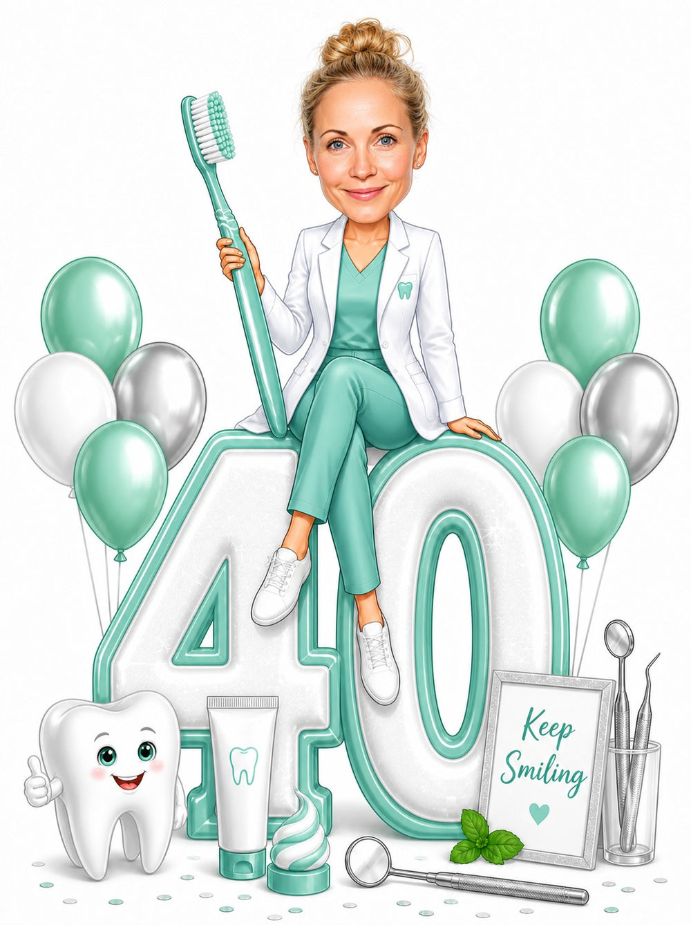 Female dentist birthday caricature on giant 40 with mint toothbrush, balloons, tooth mascot, sign.