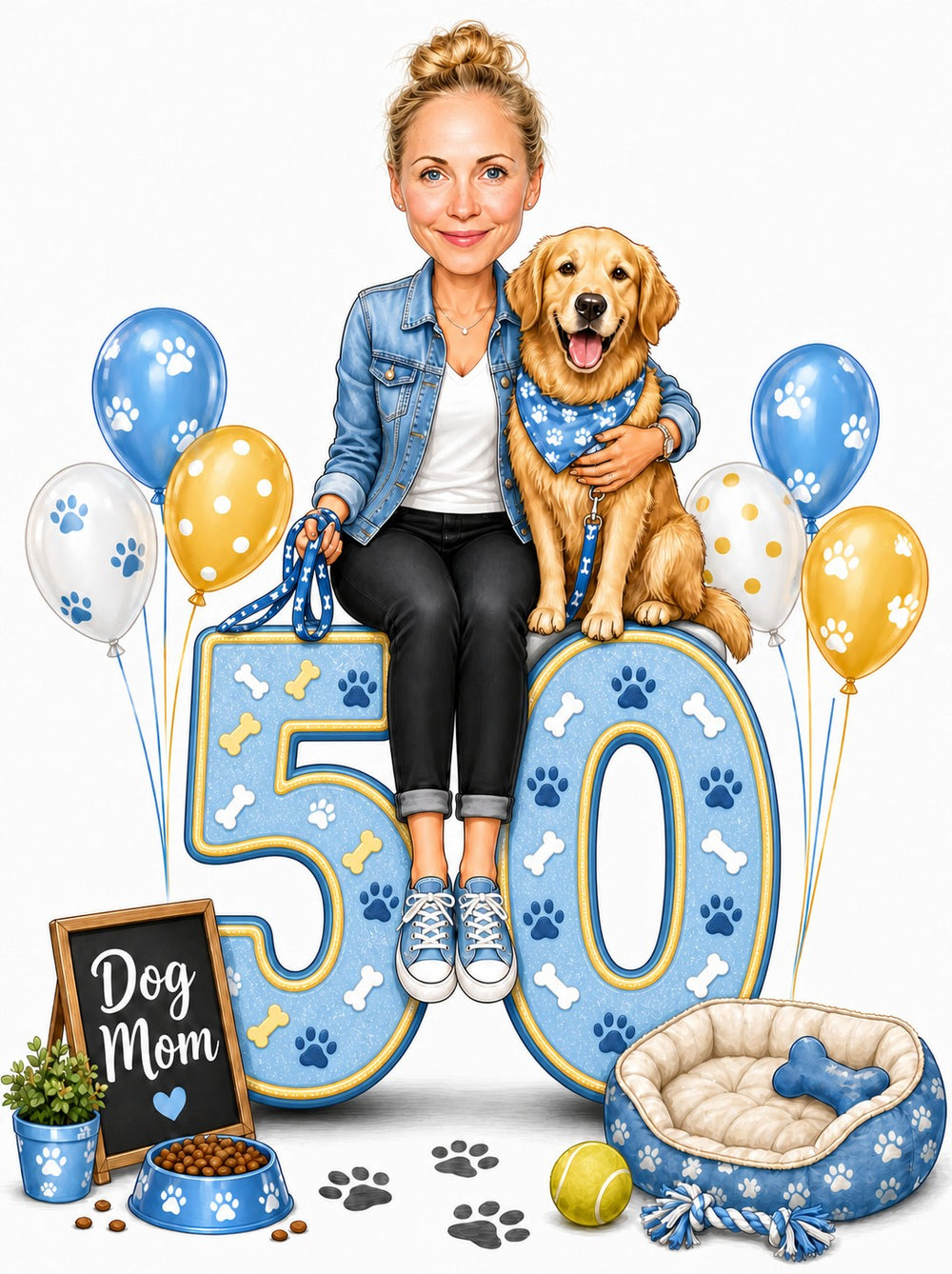 Woman and golden retriever on giant age number with paw balloons.
