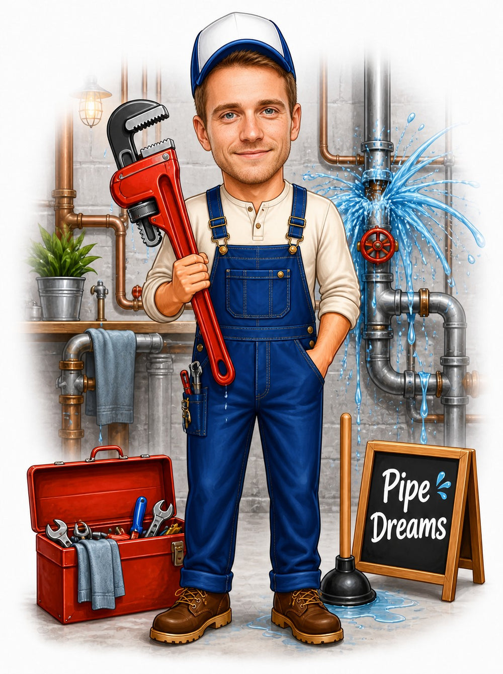 Plumber caricature holding red wrench, burst pipe spray, toolbox, Pipe Dreams chalkboard.