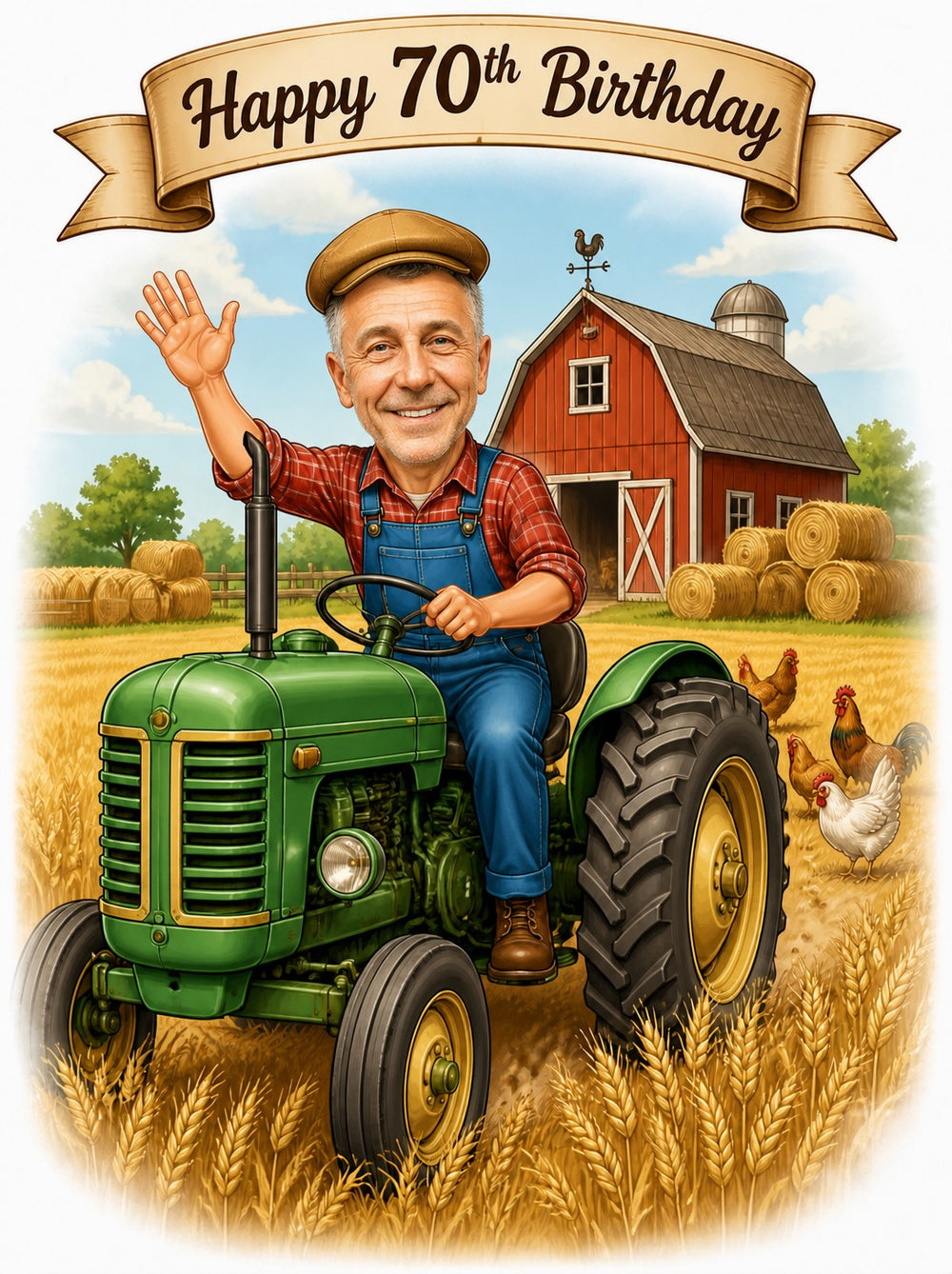 Smiling farmer caricature driving green tractor, red barn, hay bales, chickens, birthday banner.