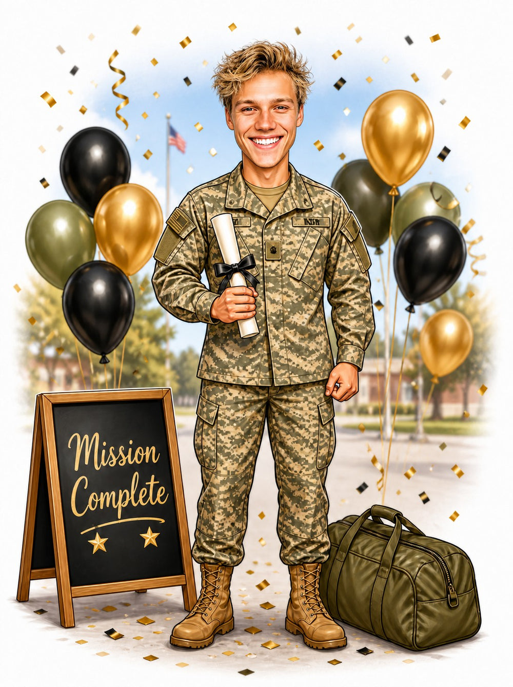 Male soldier caricature in camouflage holding diploma, Mission Complete sign, balloons, duffel.