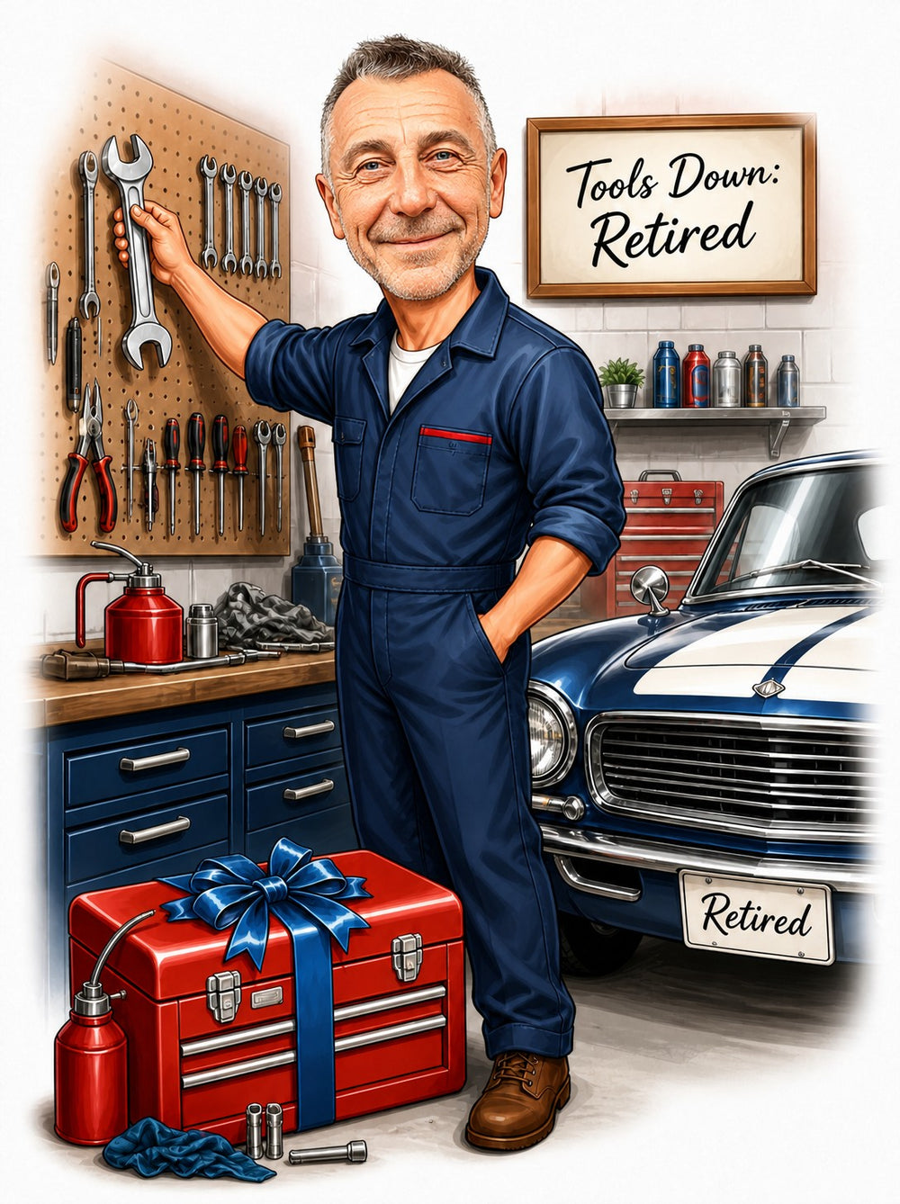 Retired mechanic caricature in garage, blue coveralls, big wrench, red toolbox with bow, classic car.