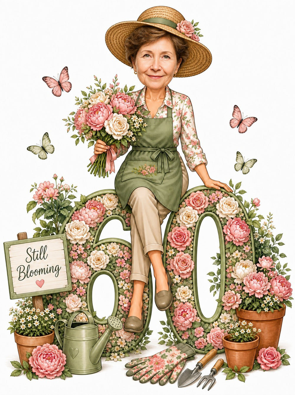 Female gardener on giant floral age number with bouquet, sign, and tools.