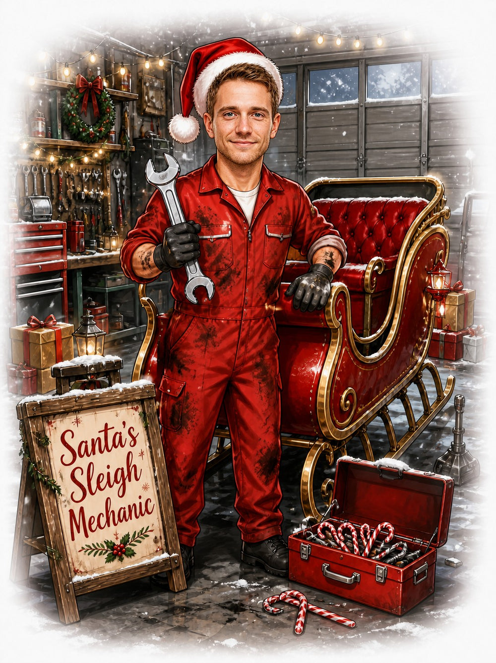 Mechanic in red coveralls fixing Santa's sleigh with wrench in festive workshop.
