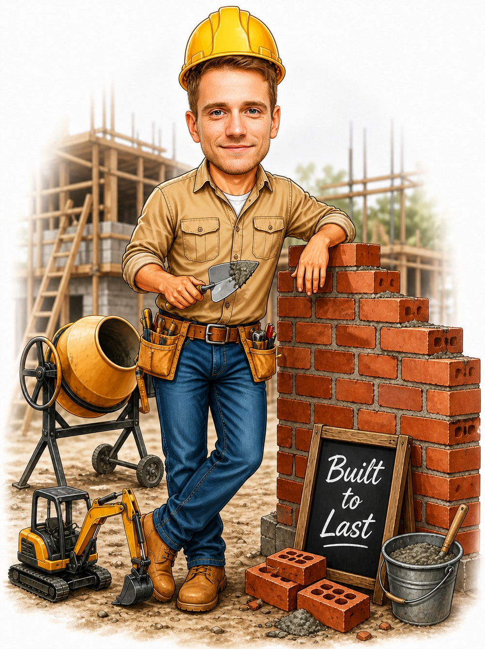 Construction mason caricature with yellow hard hat, trowel, brick wall and cement mixer.