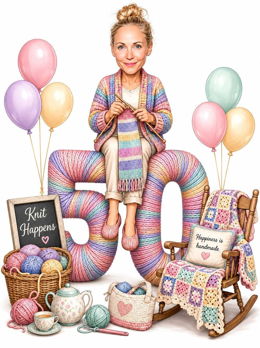 Woman knitting on giant yarn 50 with balloons and Knit Happens chalkboard sign.