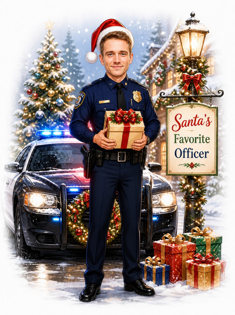 Male police officer in Santa hat holding gift, patrol car behind, with 'Santa's Favorite Officer' sign