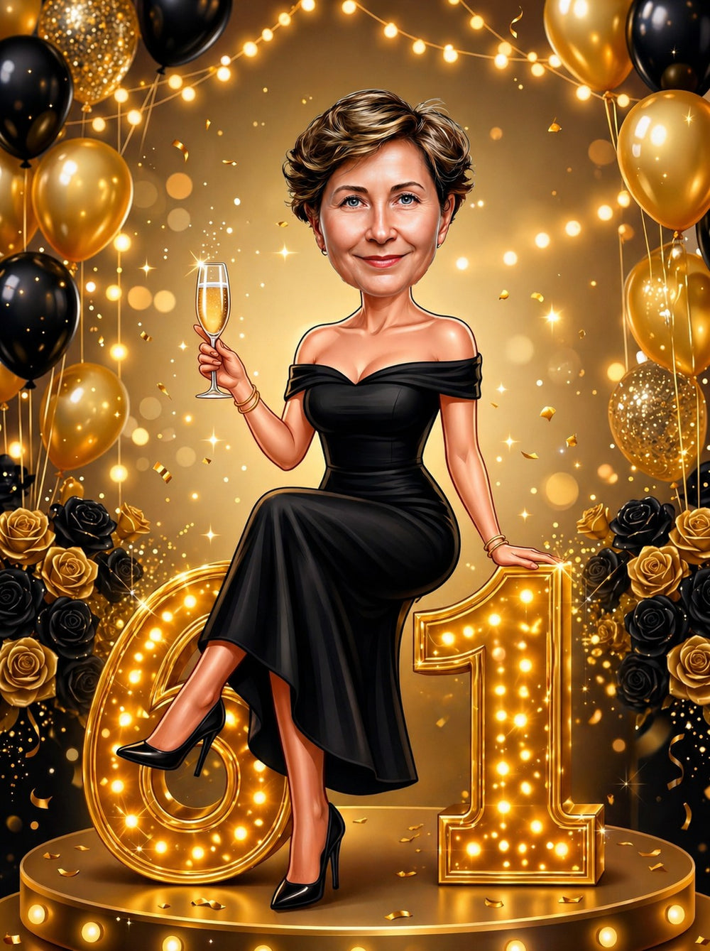 Elegant woman in black dress sits on glowing golden 61 with balloons and champagne.