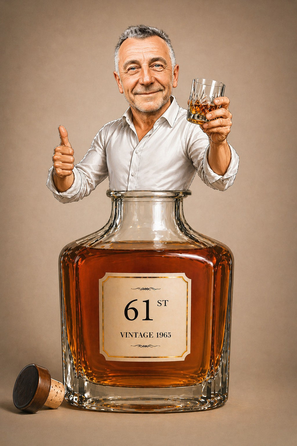 Whiskey birthday caricature: man in white shirt inside decanter labeled 61st Vintage 1965.