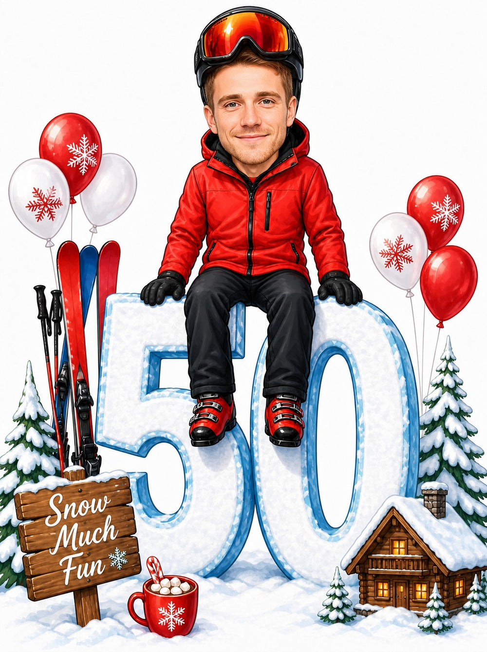 Man in red ski gear sitting on giant snowy 50 with skis, balloons, and cabin