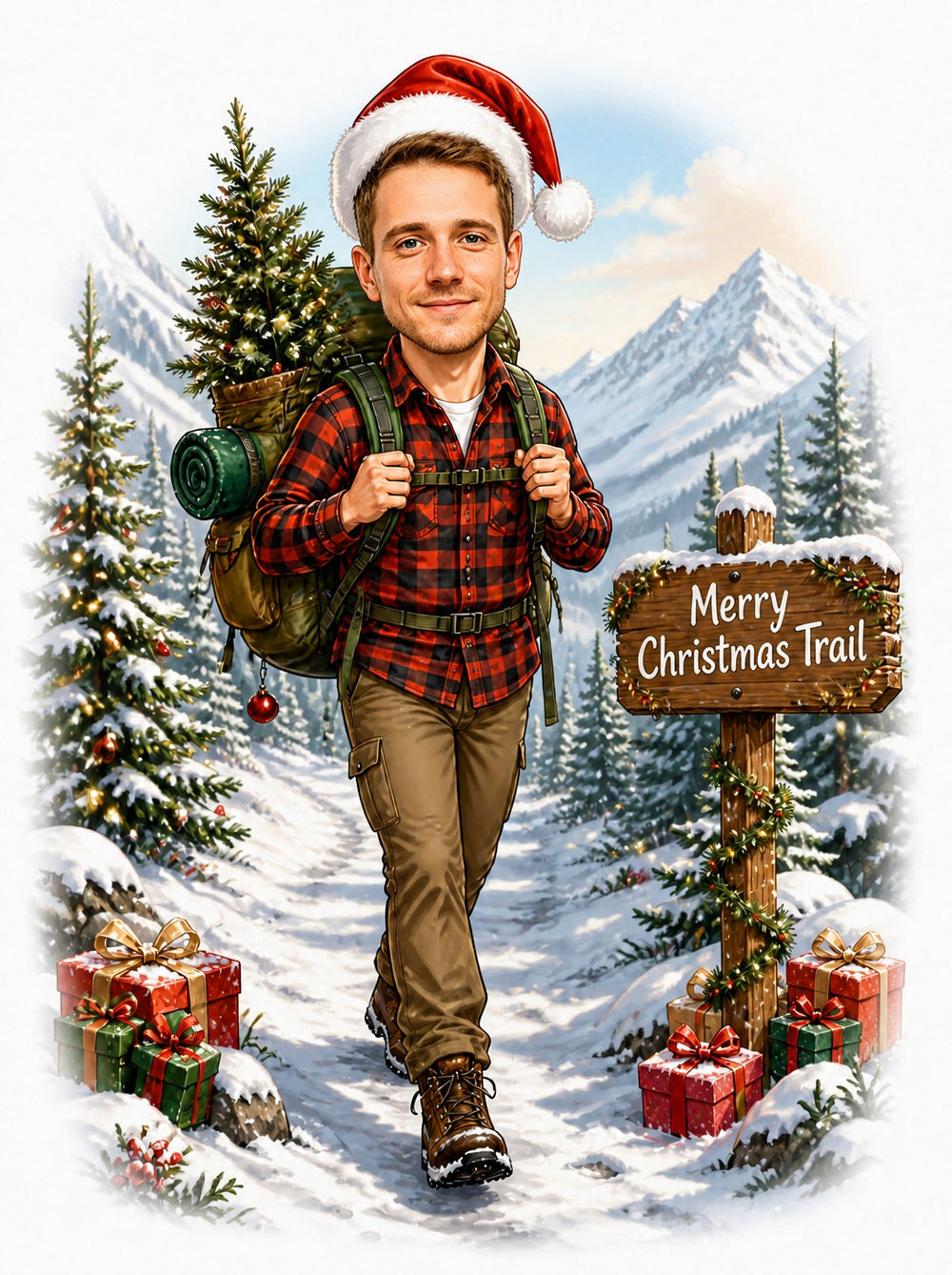 Hiking Christmas caricature with Santa hat, plaid flannel, backpack and Merry Christmas Trail sign in snow.
