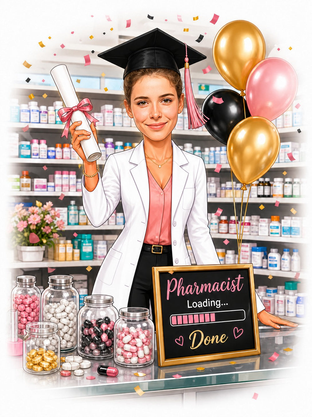 Female pharmacist graduation caricature with diploma, chalkboard 'Pharmacist Loading... Done', jars of capsules.