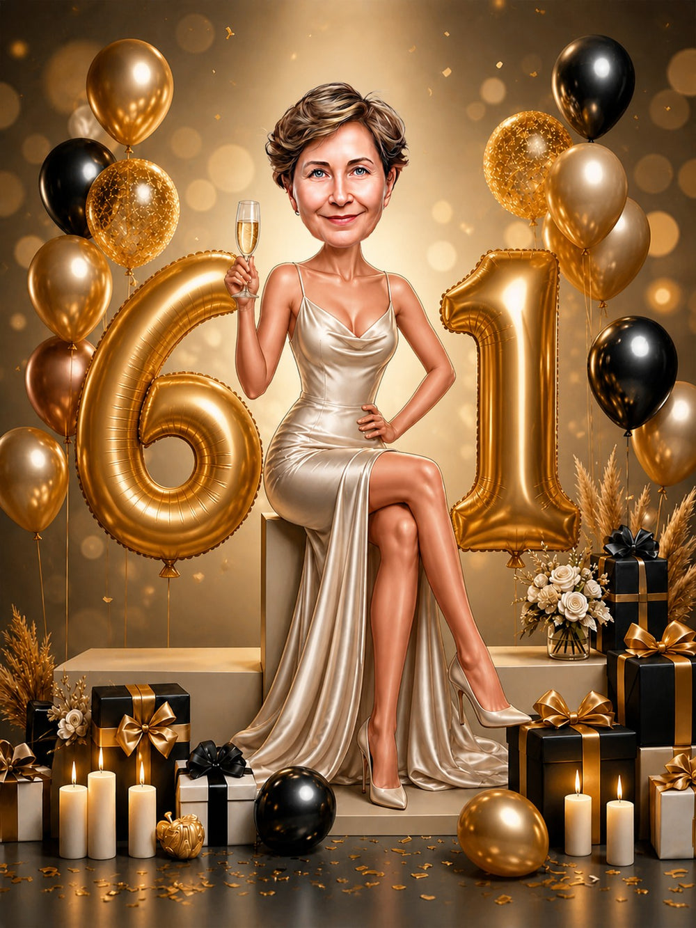 Elegant gold birthday caricature of woman sitting on giant age balloons.