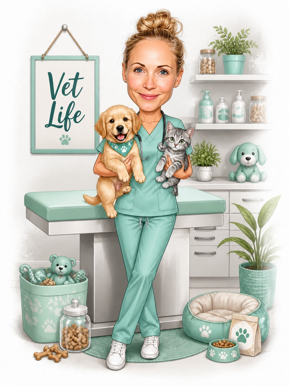 Female veterinarian in mint scrubs holding puppy and gray kitten in clinic with Vet Life sign.