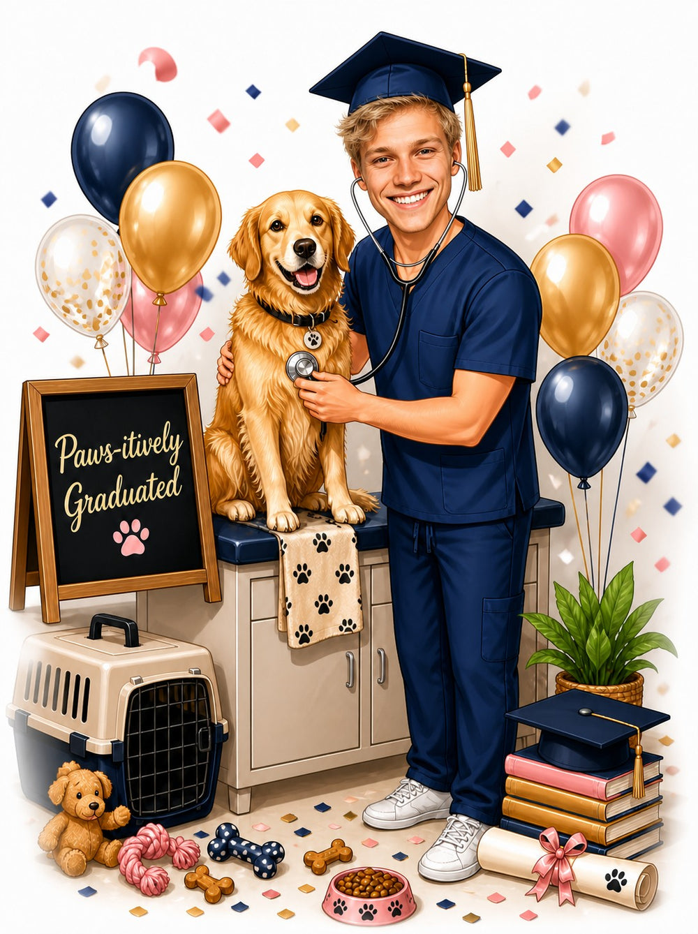 Male vet graduate in navy scrubs with retriever, chalkboard Paws-itively Graduated, balloons, stethoscope.
