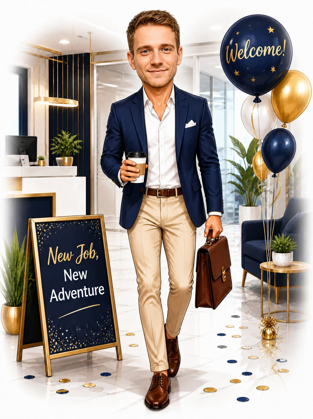 Man in navy blazer with coffee and briefcase, Welcome balloon and New Job sign.
