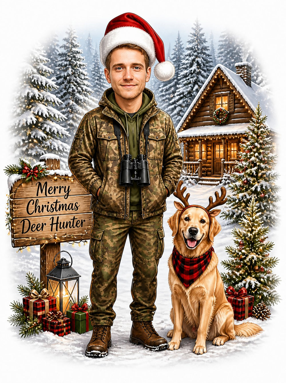 Hunter in camo with Santa hat beside dog in antlers, snowy cabin backdrop