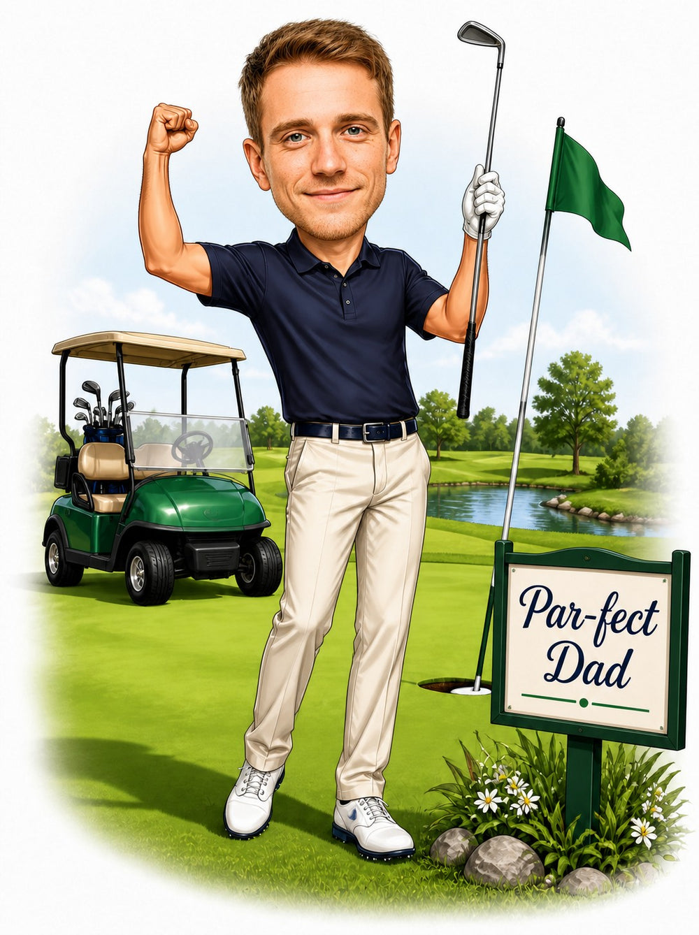Golf dad caricature on green with iron, flag, golf cart, and Par-fect Dad sign.