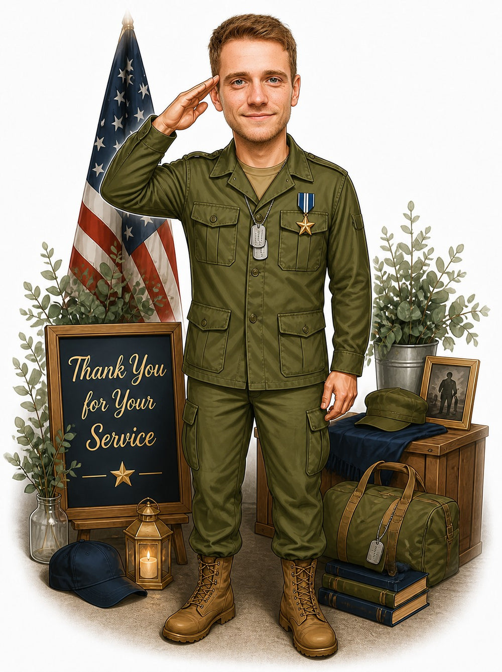Male soldier caricature saluting beside American flag and Thank You for Your Service sign.