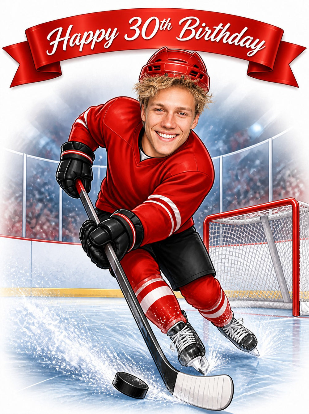 Male hockey player in red uniform with puck, stick, and Happy 30th Birthday banner
