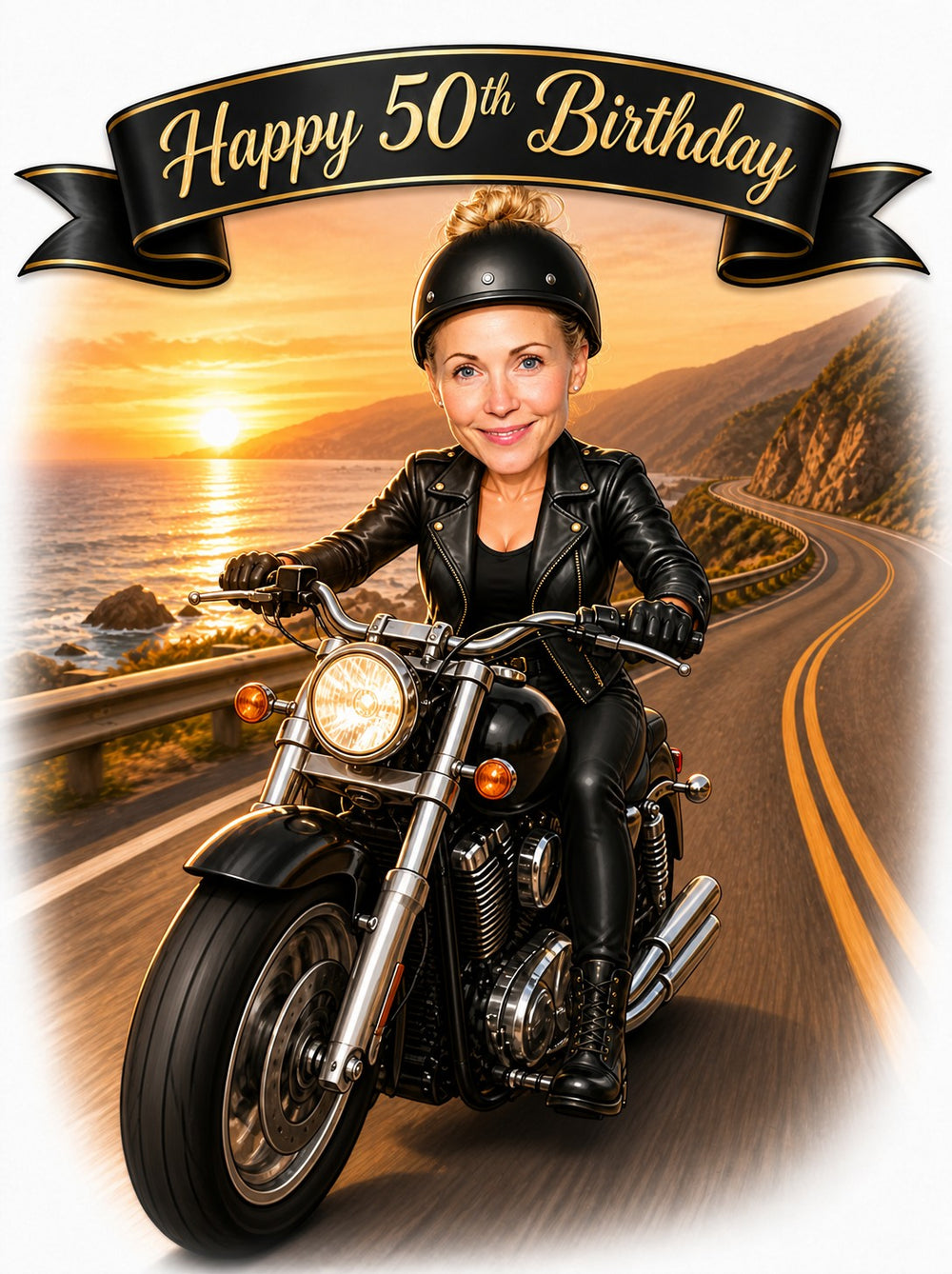 Woman biker caricature riding cruiser at sunset with Happy 50th Birthday banner
