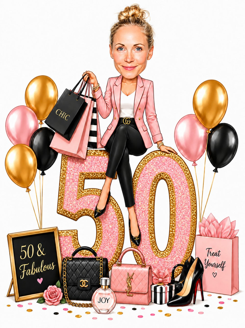 Woman sitting on glitter pink 50 with pink, gold and black balloons, 50 & Fabulous sign