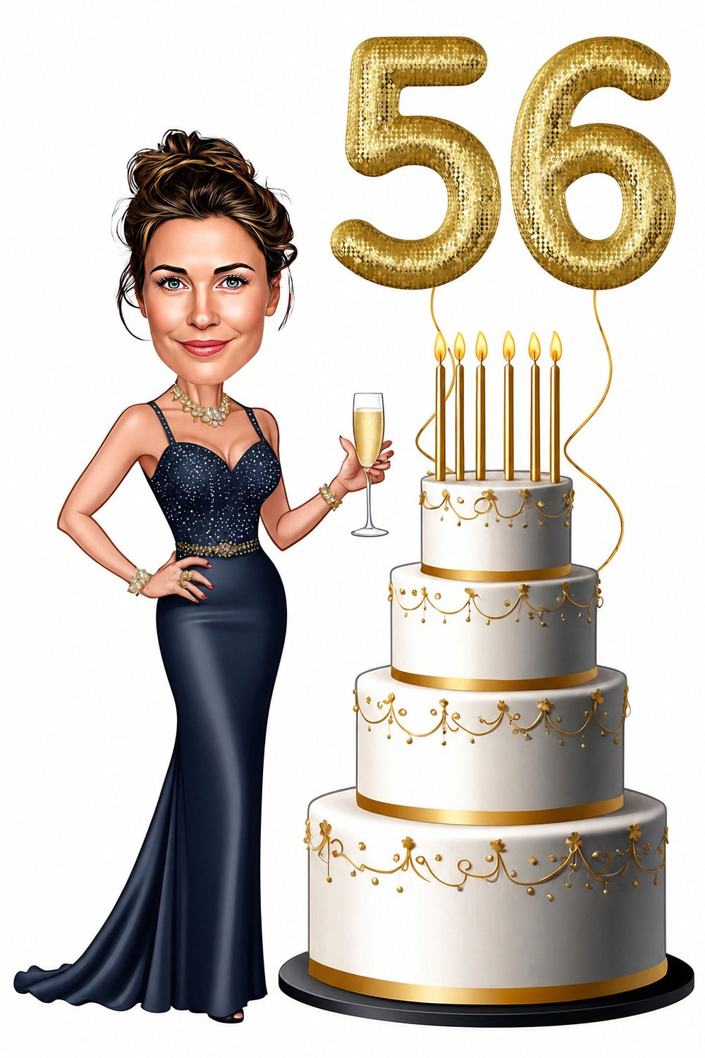 Woman in navy gown holding champagne beside white tiered cake and gold number balloons.