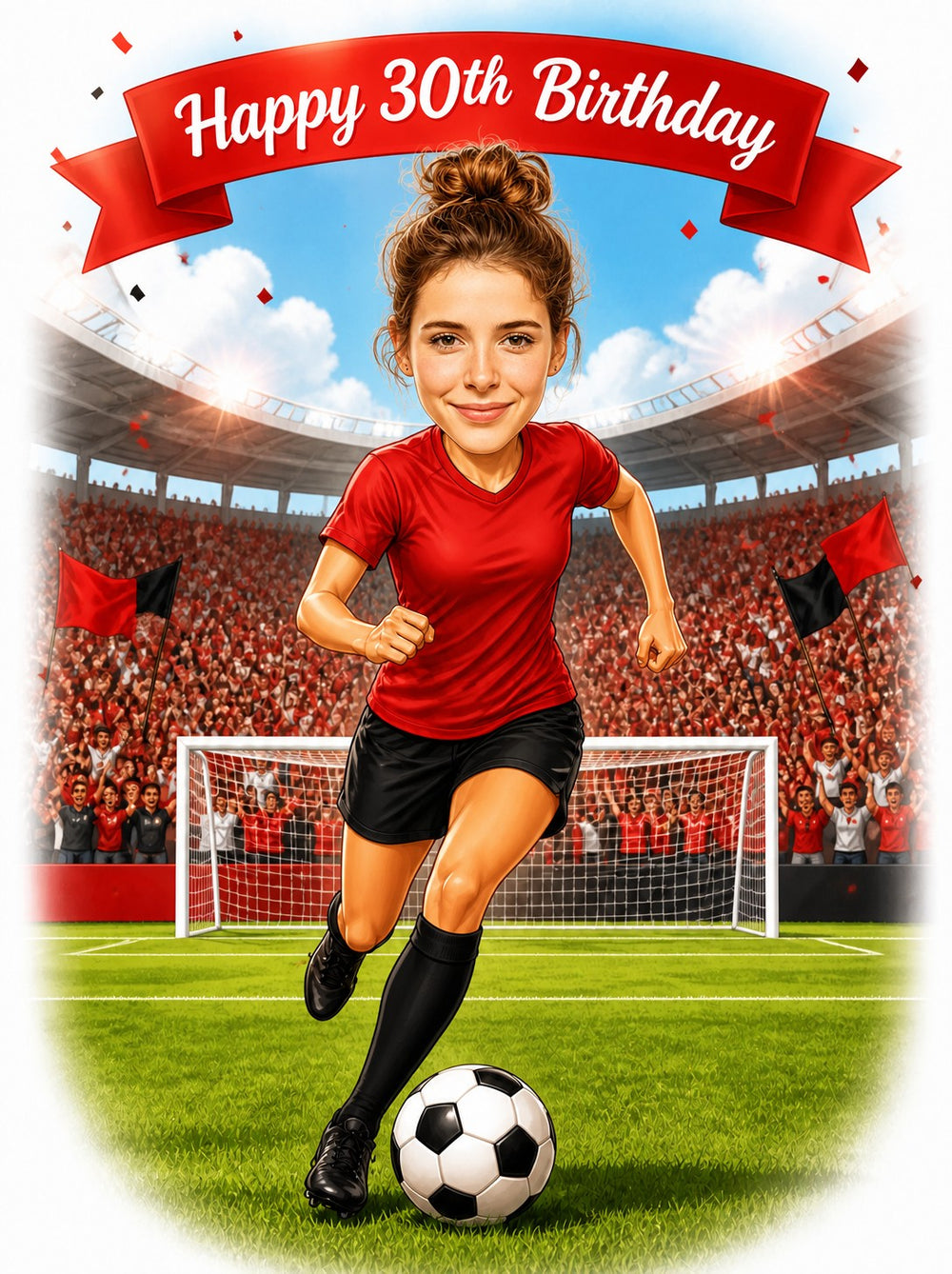 Female soccer player caricature dribbling ball, red jersey, stadium crowd, Happy 30th Birthday banner.