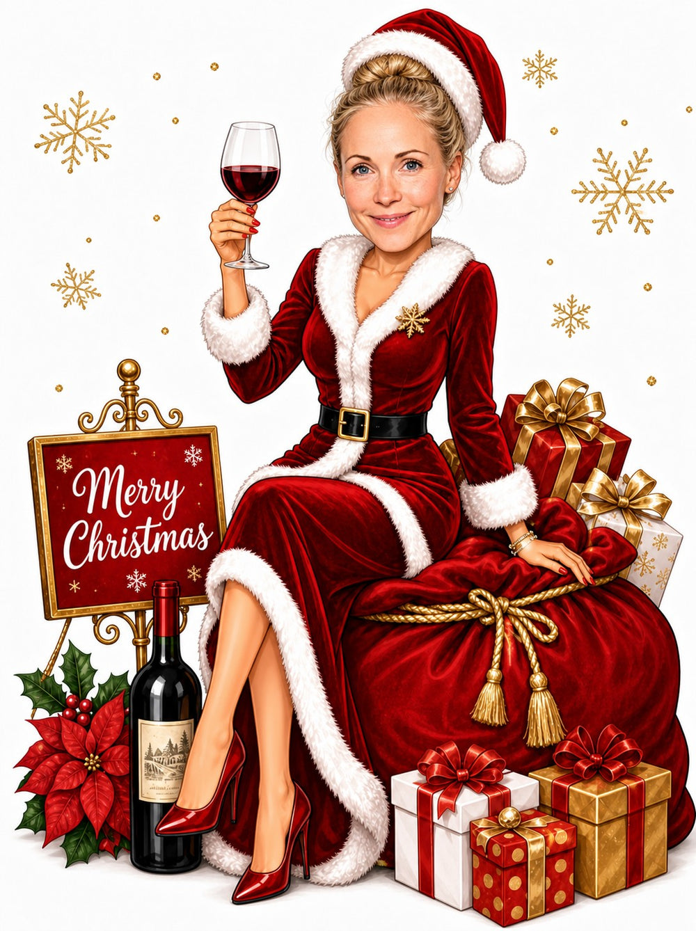 Mrs. Claus caricature holding a wine glass beside a Merry Christmas sign.