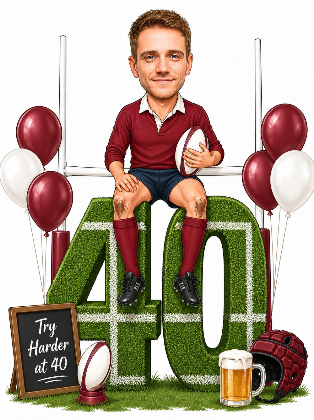 Man in maroon rugby jersey on giant grass 40, holding ball, goalposts, balloons, beer, scrum cap.