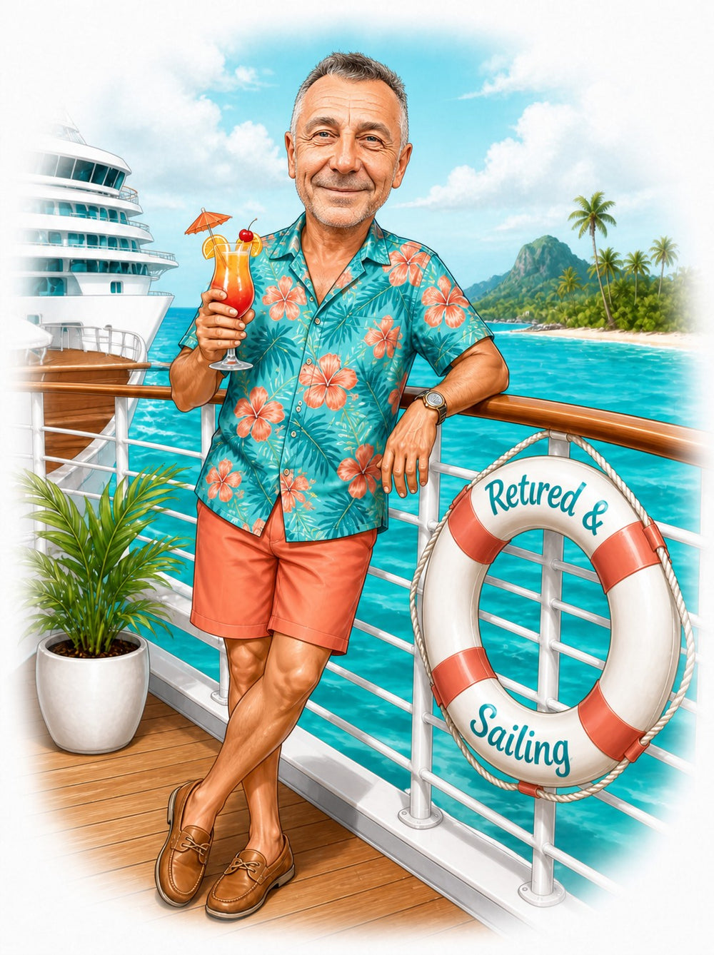 Retirement cruise caricature of man in hibiscus shirt, holding cocktail, lifebuoy reads Retired & Sailing.