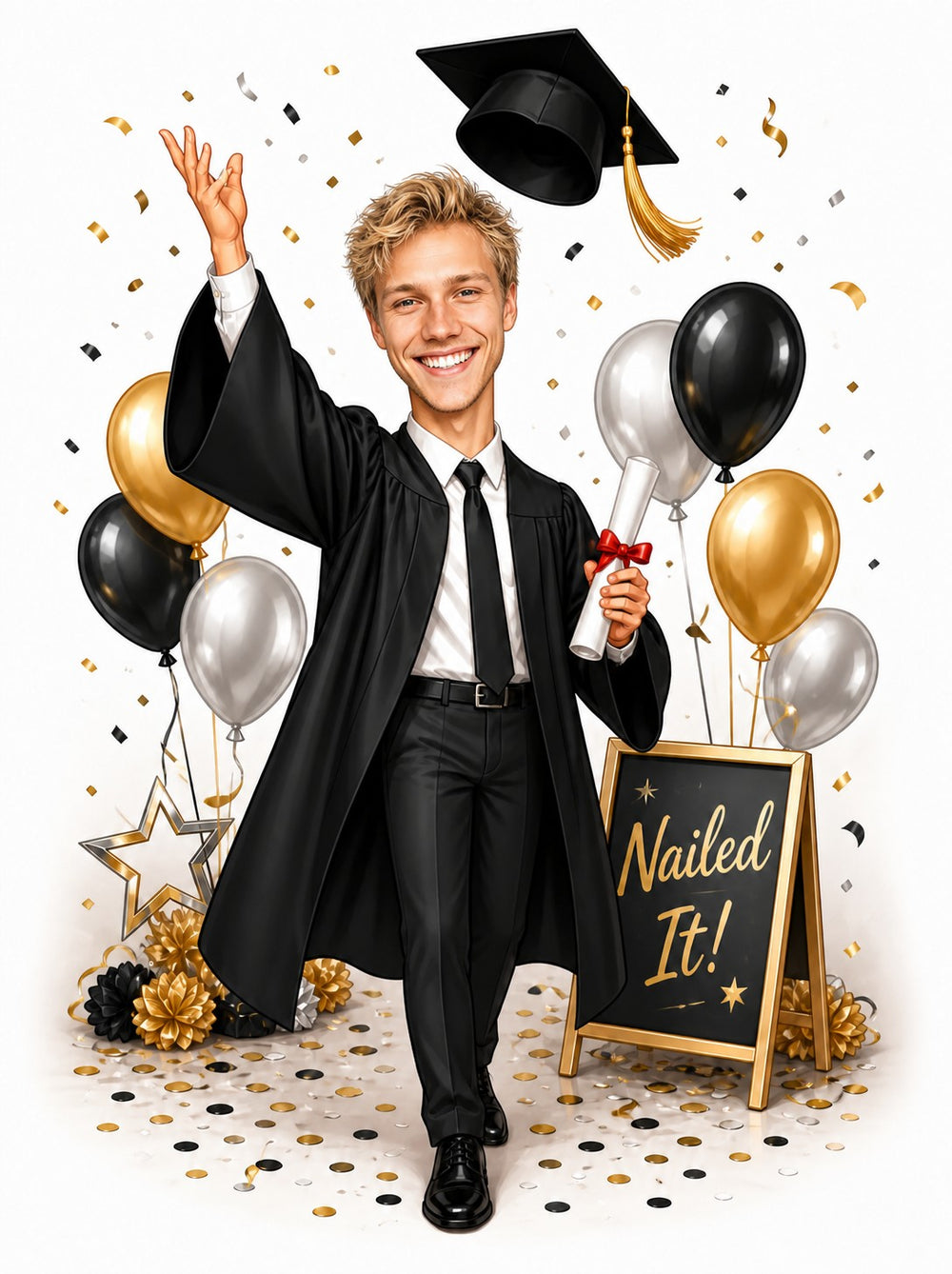 Male graduate tossing cap, holding diploma, balloons and confetti, chalkboard reads Nailed It