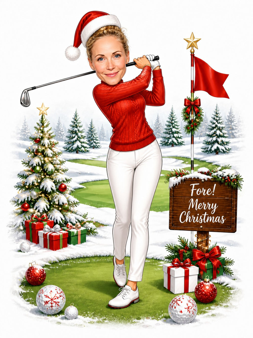 Woman golfer in Santa hat swinging on snowy course with gifts and Merry Christmas sign.