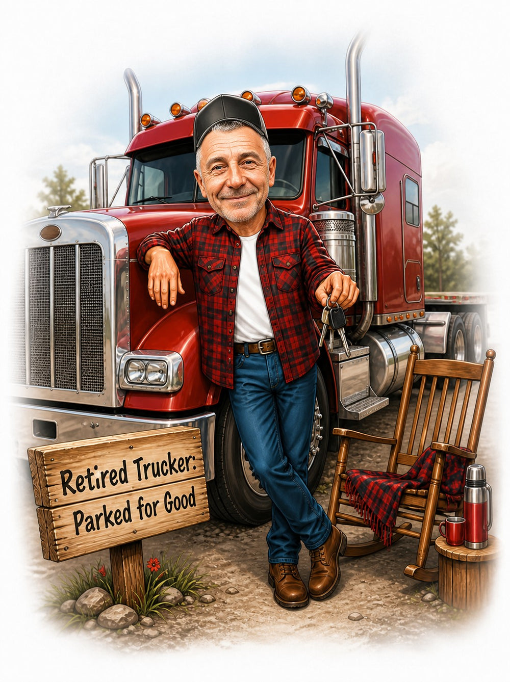 Retired trucker caricature leaning on red semi, holding keys, sign and rocking chair.
