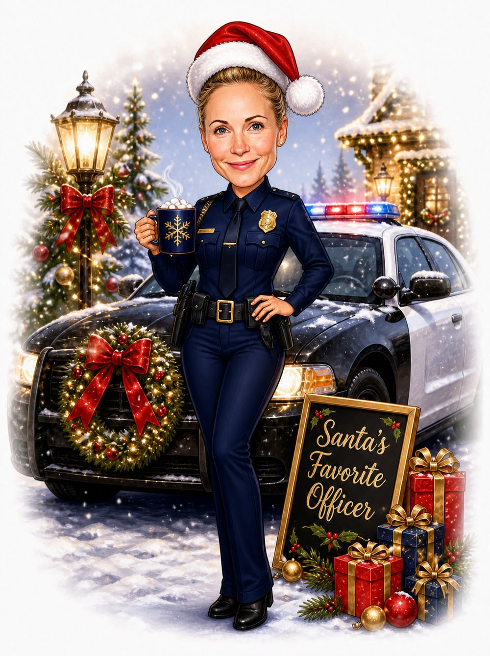 Policewoman in Santa hat holding cocoa beside patrol car, wreath, and Santa’s Favorite Officer sign.