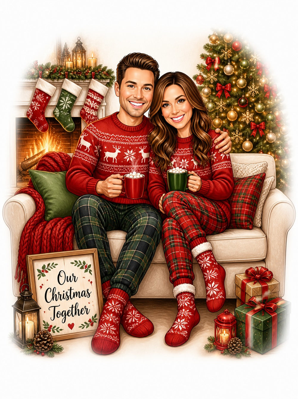 Cozy Christmas couple caricature on sofa, red sweaters, mugs, fireplace, stockings, tree.