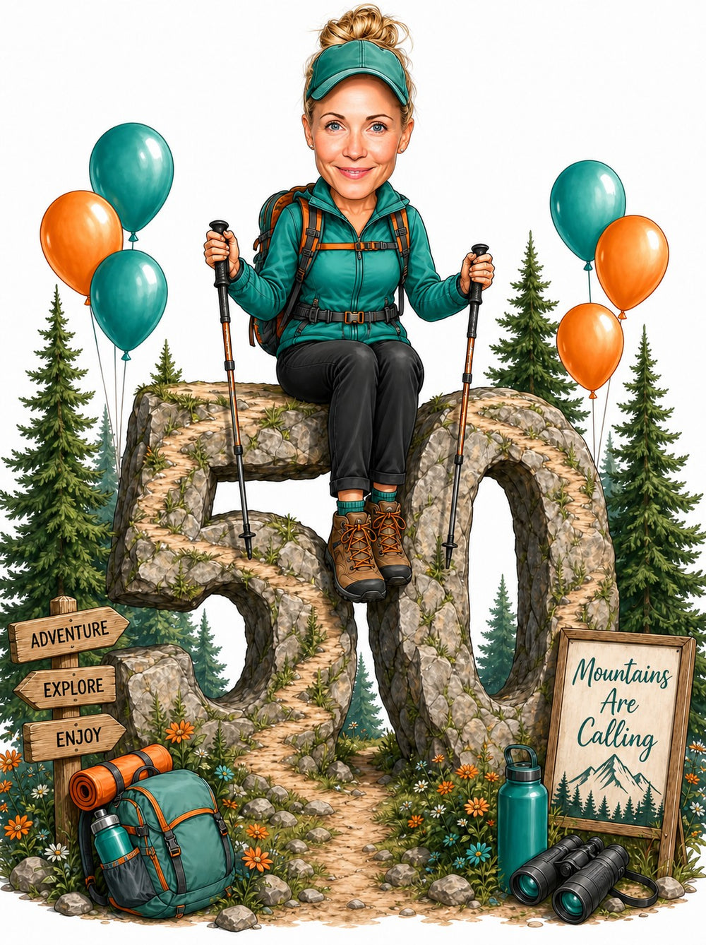 Woman hiker sits atop giant stone 50 with trekking poles and forest balloons
