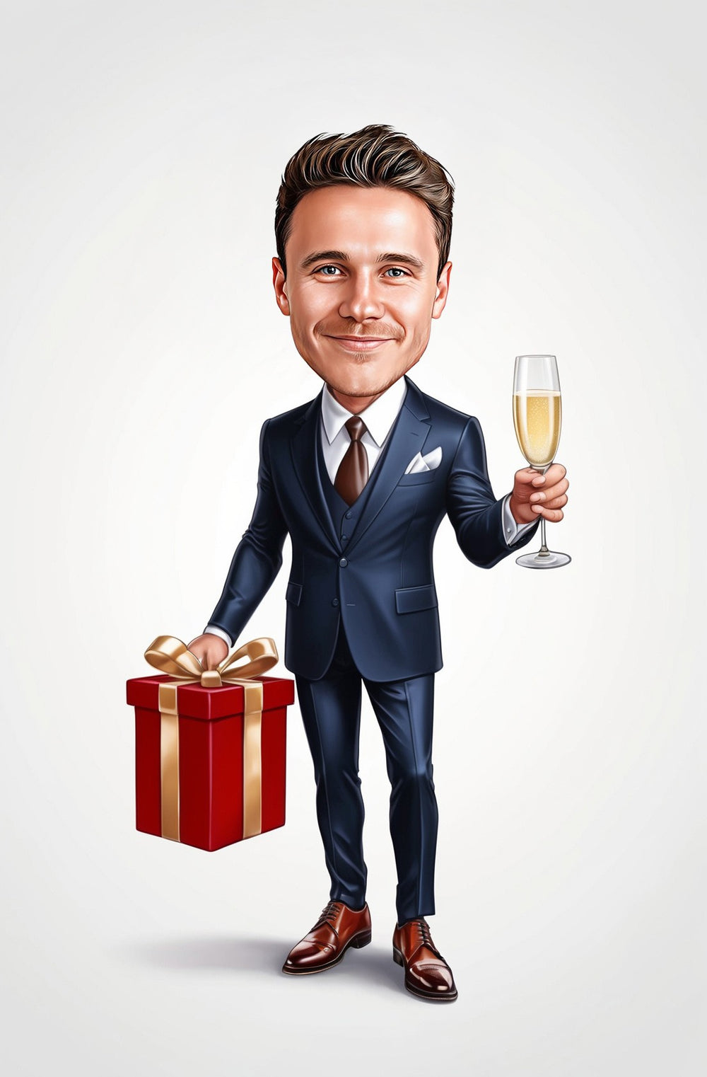 Stylish man in navy suit holding champagne and red gift box caricature