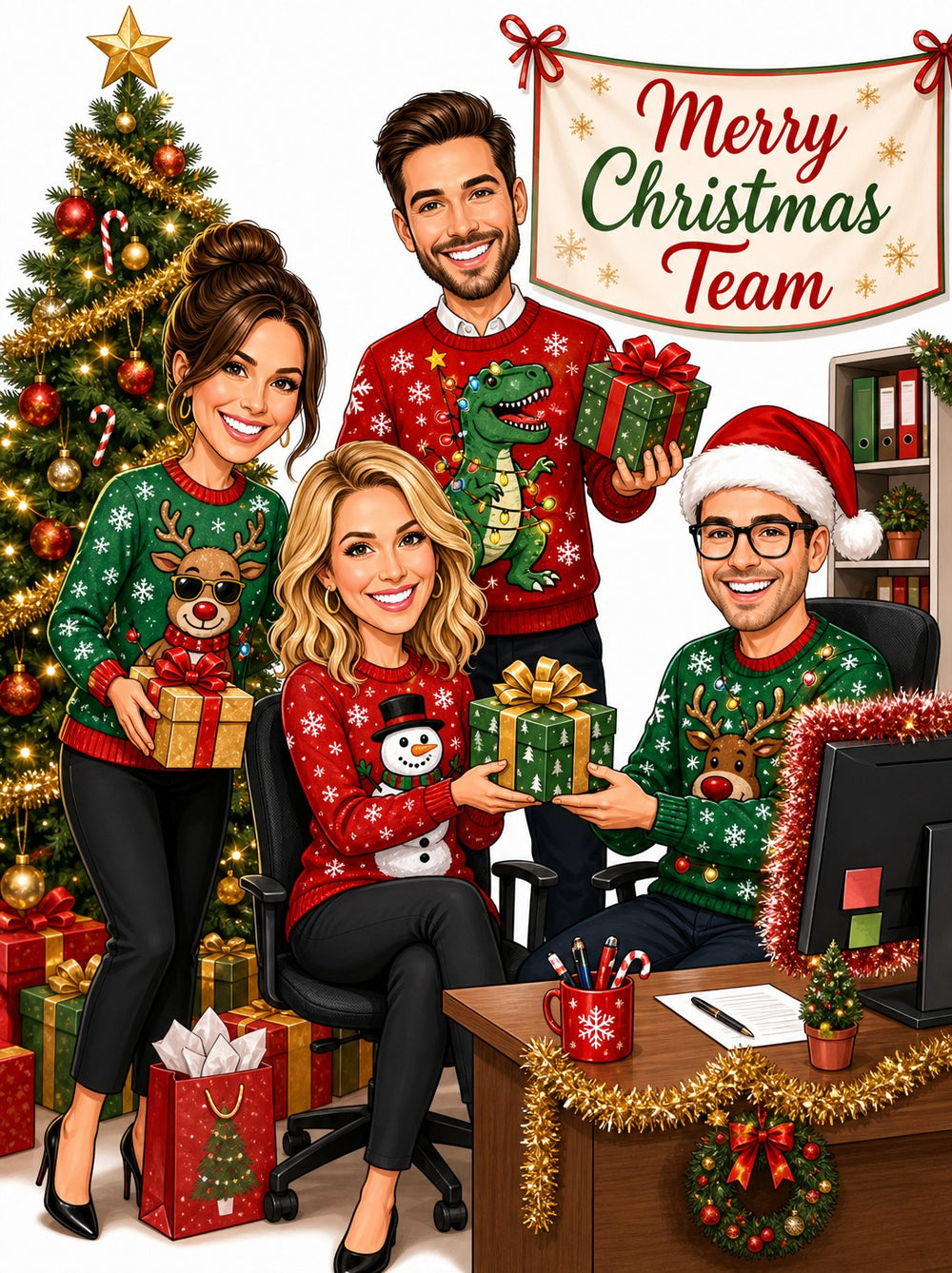 Office Christmas team caricature with Merry Christmas Team banner, sweaters, gifts and desk decor
