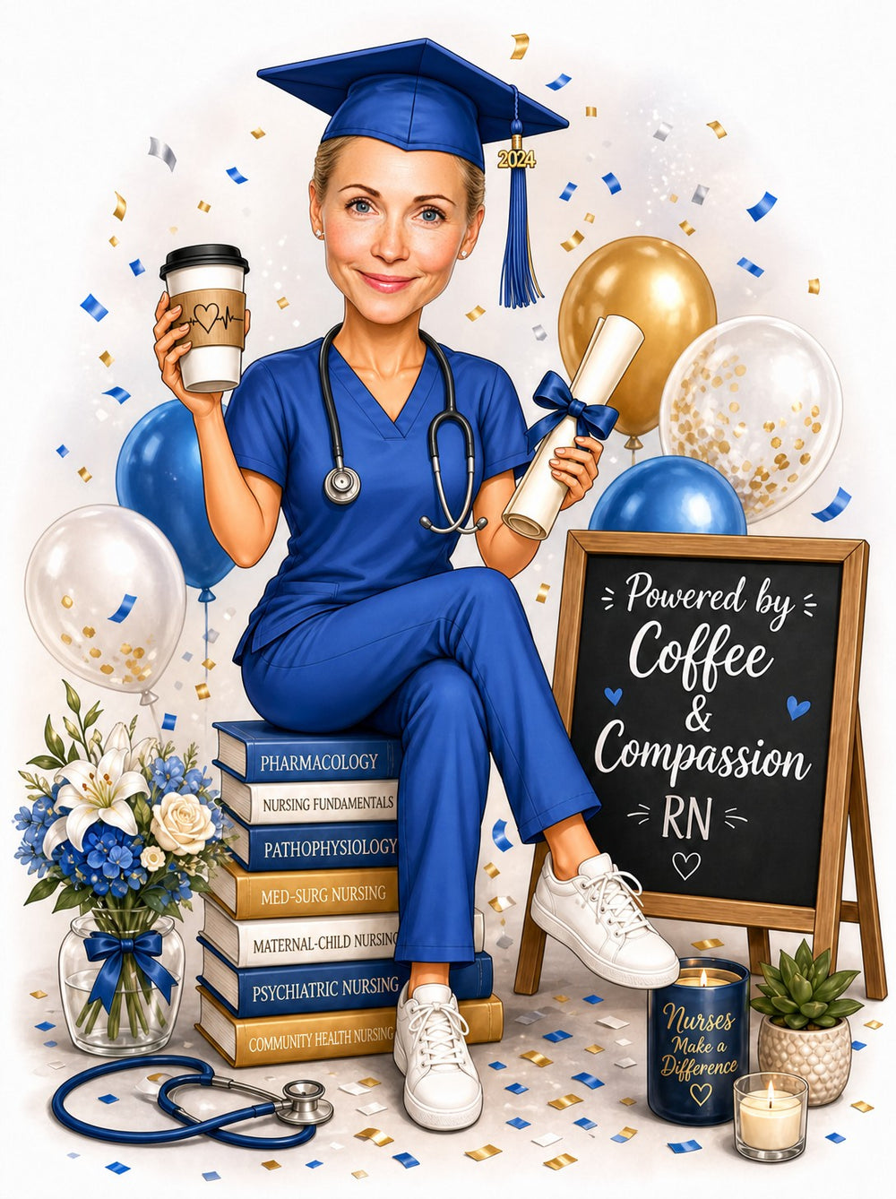 Female nurse graduate in blue scrubs with cap, diploma, coffee, textbooks, balloons, and confetti.