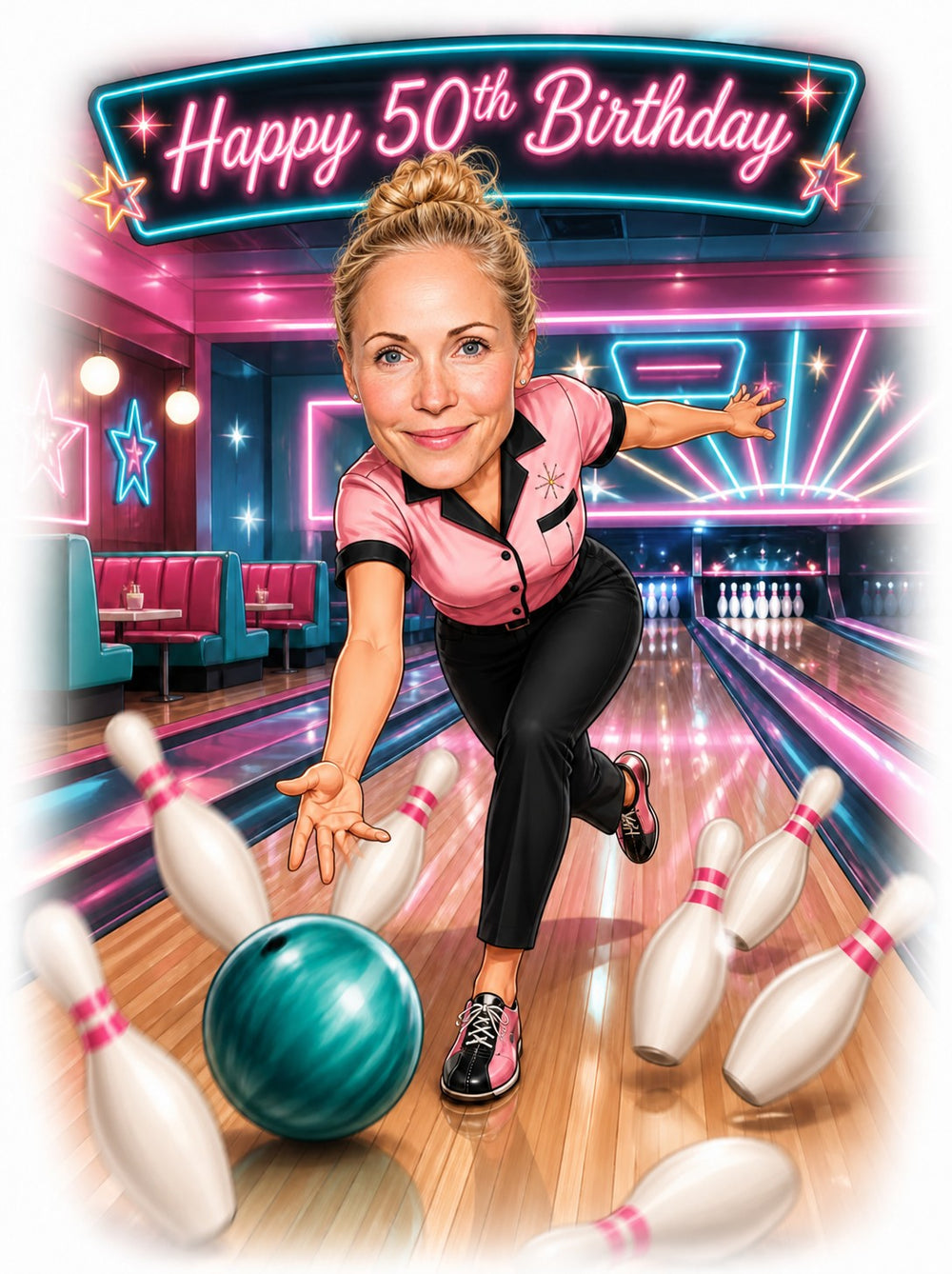 Neon bowling alley birthday caricature of woman rolling teal ball as pins fly