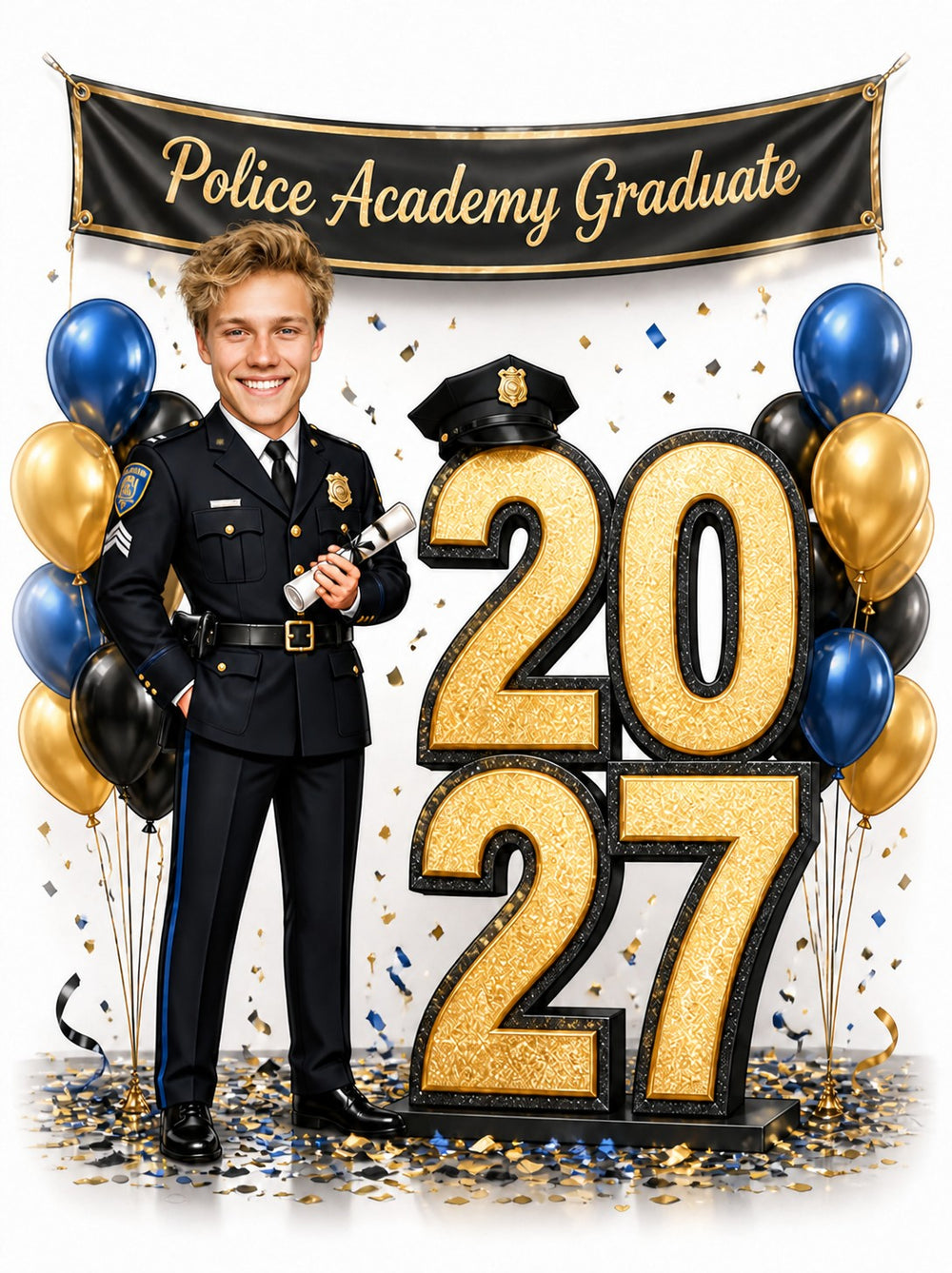Police Academy Graduate banner, officer uniform, 2027 gold numbers, blue and gold balloons.